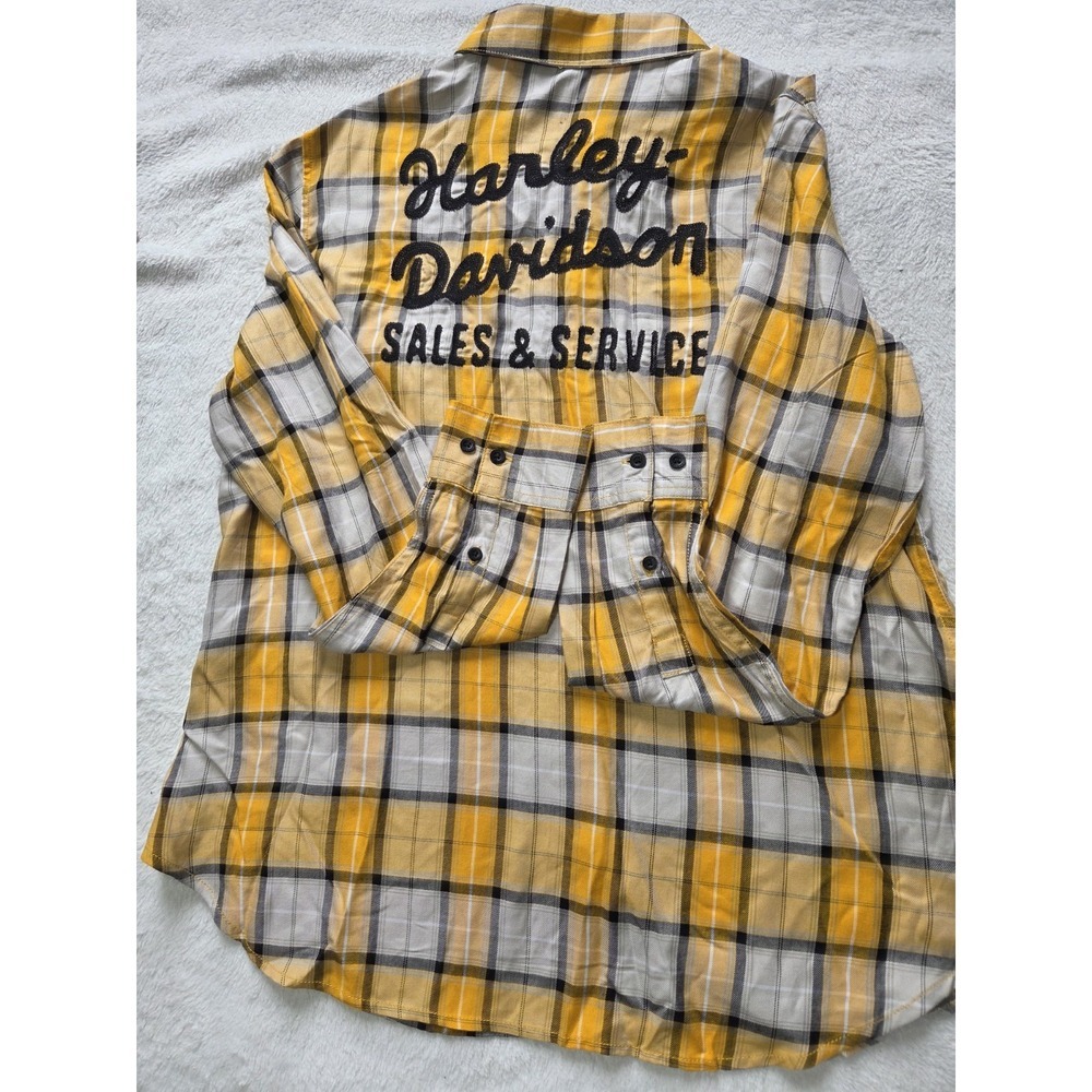 Harley-Davidson Women's XL Plaid Button Up Shirt Yellow Gray Flannel Embroidered - Picture 4 of 10
